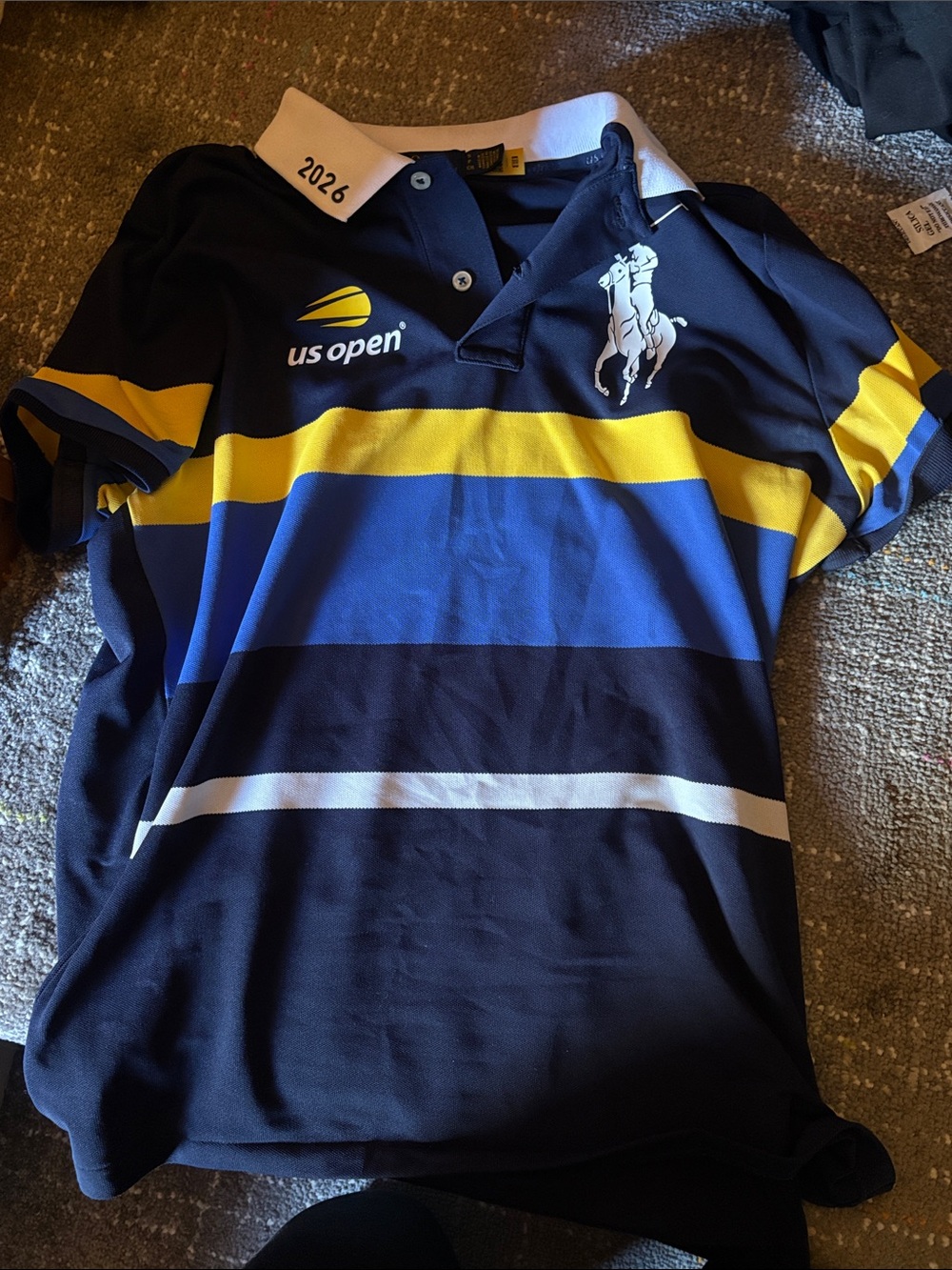 Polo by Ralph Lauren Navy, Yellow & Blue Striped women Polo. Us open ball crew